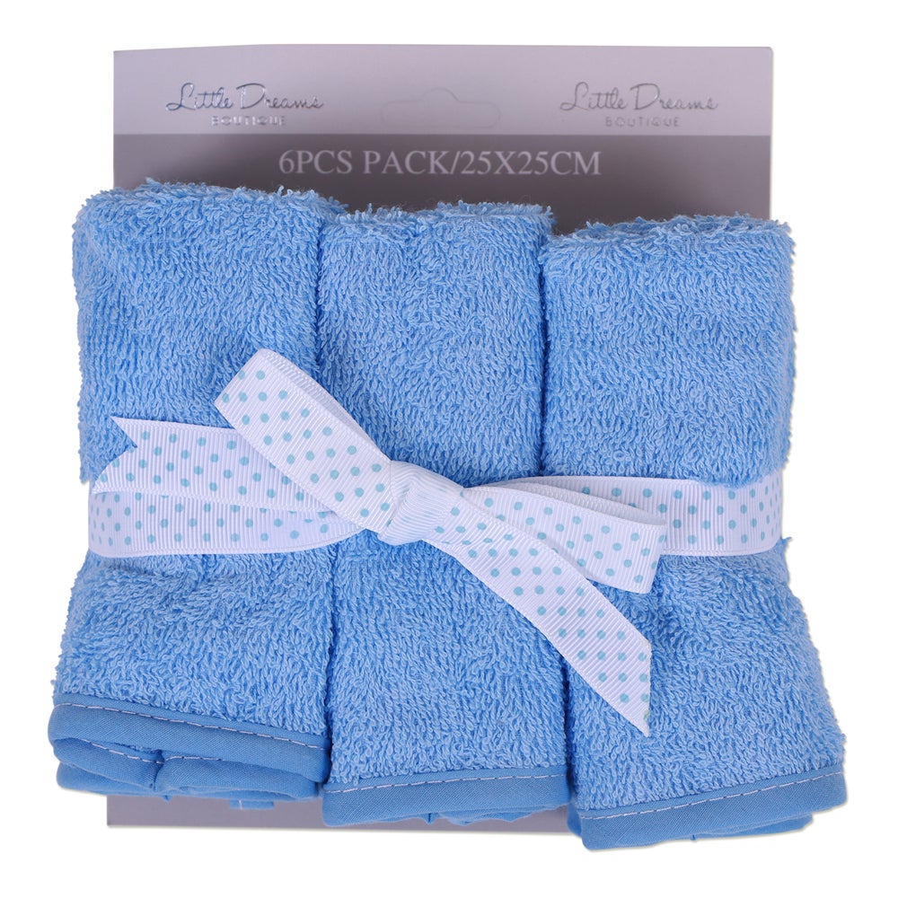Little Dreams Boutique Face Washers 6Pack Blue Towels & Face Washers