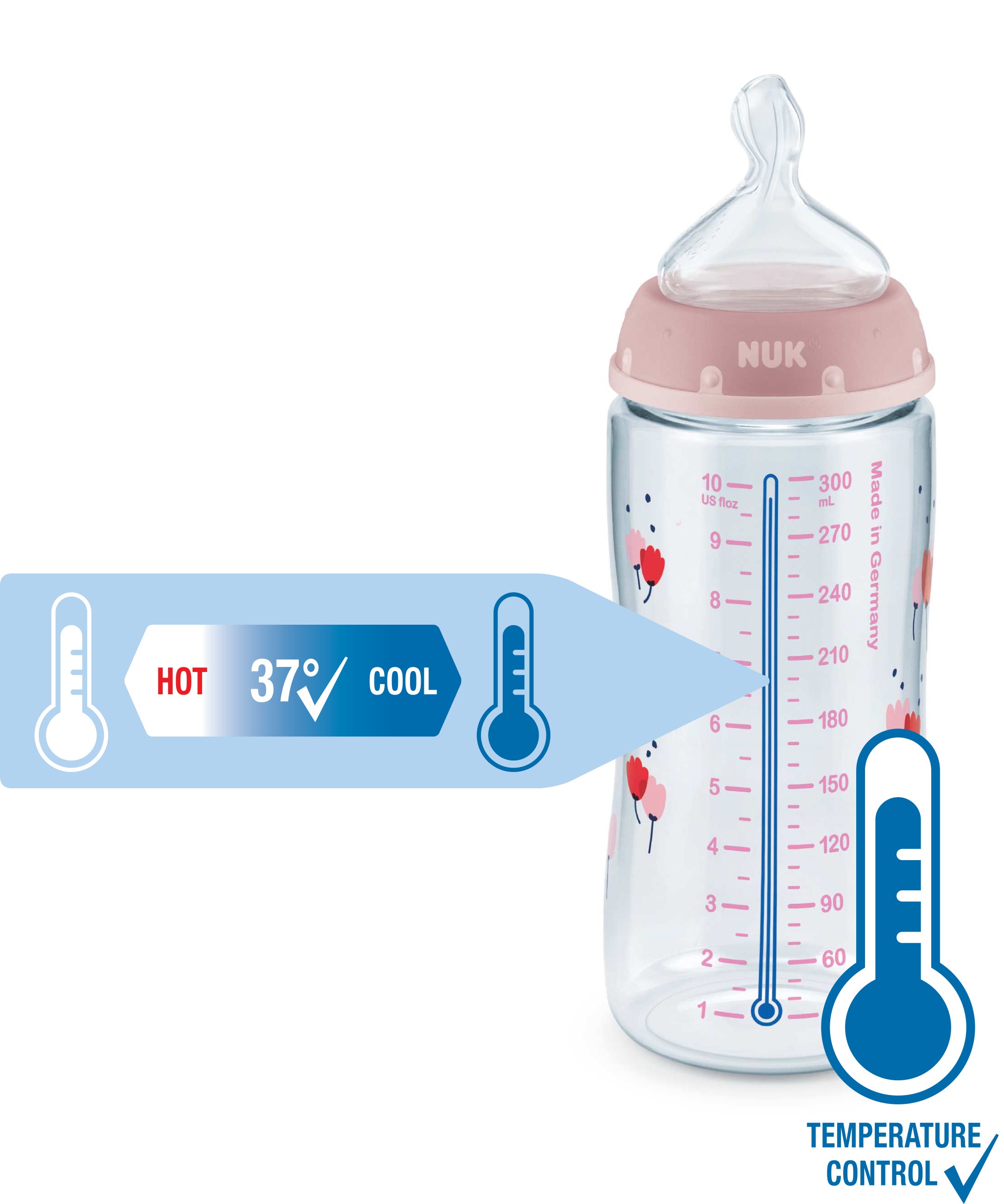 NUK First Choice Feeding Bottle with Temperature Control 300ml Pink