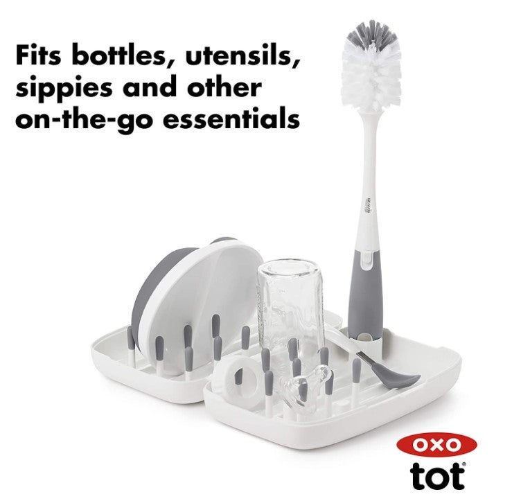 OXO Tot OnTheGo Drying Rack & Bottle Brush Gray Baby Bottles Baby